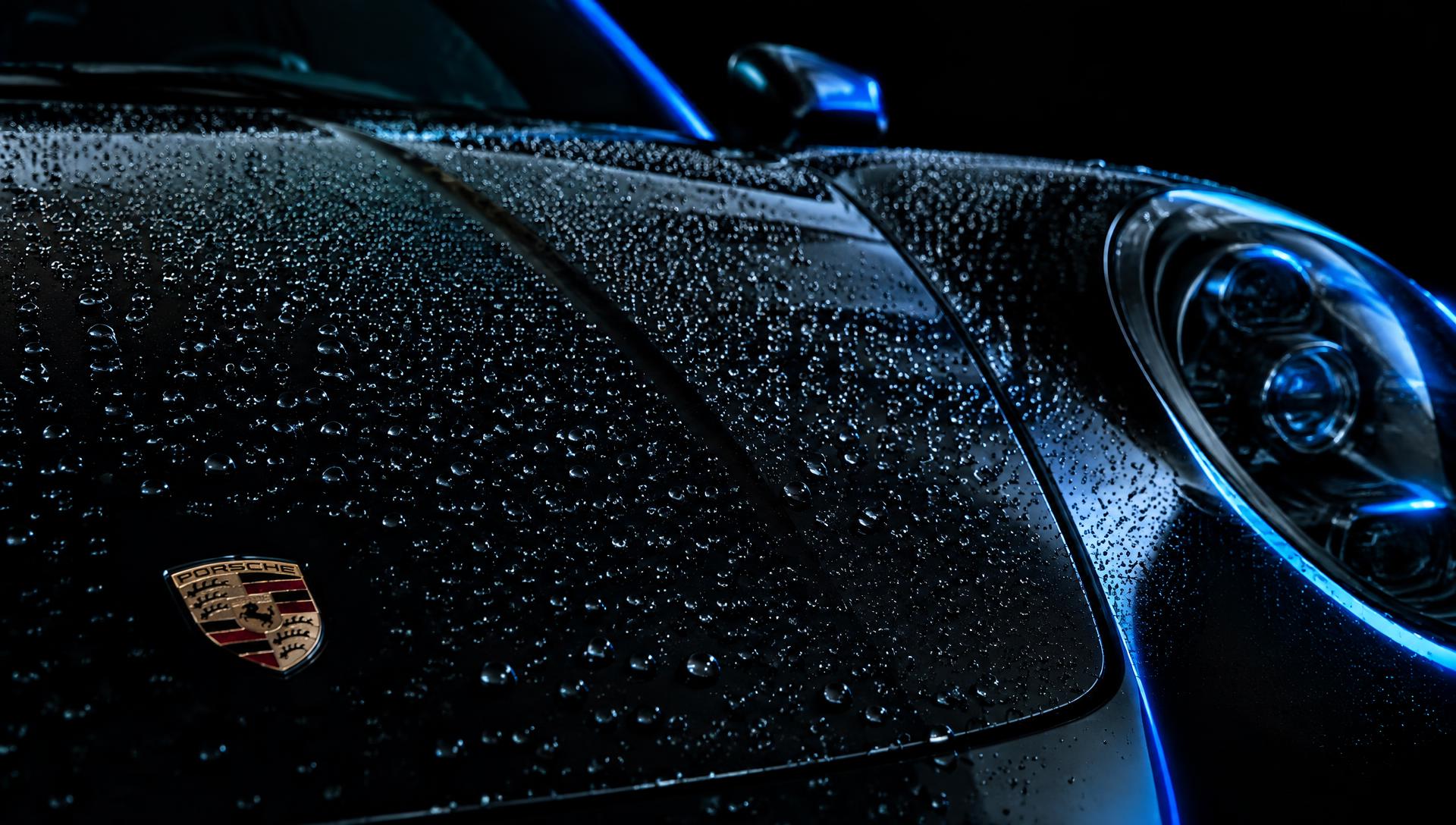 Luxury sports car hood with water beads on ceramic coating