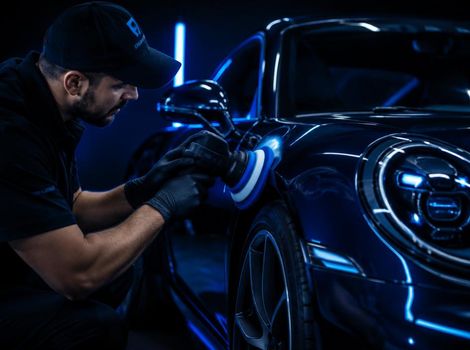 Detailing specialist machine polishing a luxury car fender